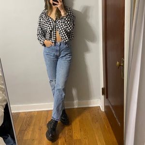 Checkered cropped button down